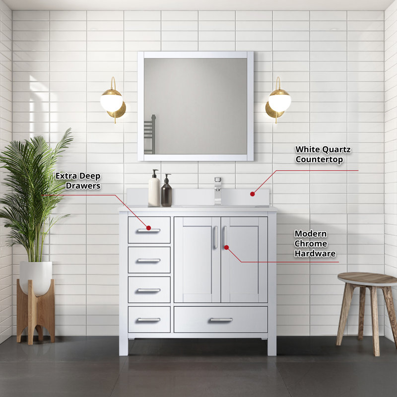 Jacques 36 in. W x 22 in. D Right Offset Bath Vanity, and 34 in. Mirror, White, White Quartz