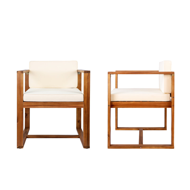 Of 2 Patio Dining Armchairs - For Comfort Open Lasting Support Thick Foam Seat Robust Wood Frame & Beige Trait Easy Installation Clarification Chairs   2  Unrivaled Sitting Back Cushion Design Method