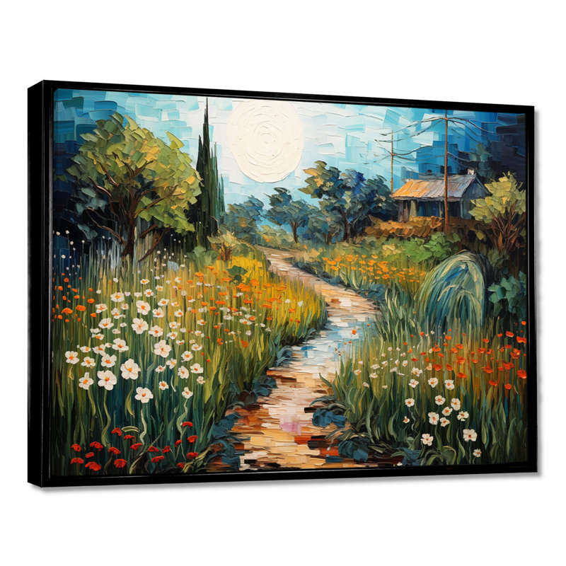 Maison de campagne à côté d'une rivière fleurie - art mural paysage, Toile avec cadre flottant noir