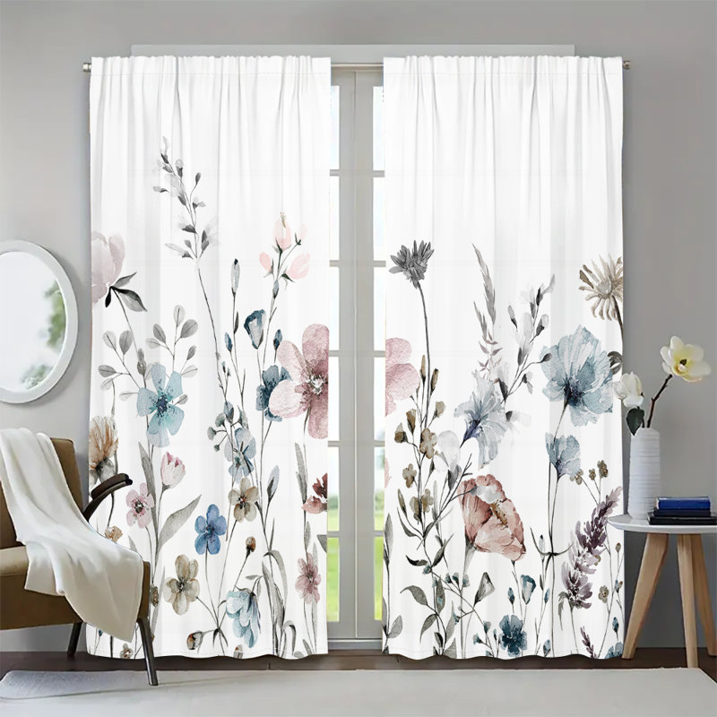 2Pcs Watercolor Floral Printed Curtains Semi Sheer Botanical White Curtain Rod Pocket Window Treatment Elegant Pastel Blue Pink Flower Pattern Vintage for Living Room Bedroom Dining Kitchen Office Home Decor