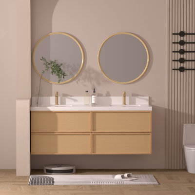 60" Floating Double Bathroom Vanity with White Quartz Top and Dual Undermount Ceramic Sinks