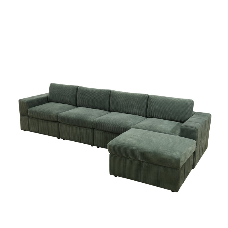 132" Wide 5- Piece Premium Corduroy Reversible Modular Living Room Sectional Sofa With Ottoman, Green Corduroy