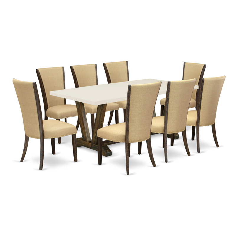 L'ensemble de table 9 pièces Mid-Century comprend une table de cuisine en lin blanc et 8 chaises de salle à manger en tissu de lin brun avec dossier haut - finition jacobine délavée