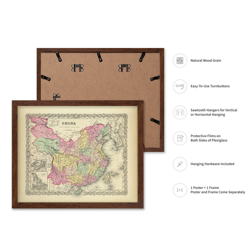 Carte de la Chine, Affiche, H 08 po x l 10 po, Encadrement brun