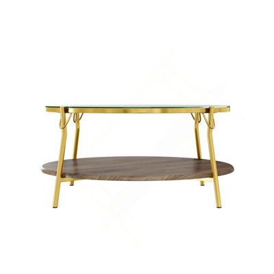 Modern Round Walnut 2-Tiered Coffee Table With Glass Top And Gold Base For Living Room, 29.9"