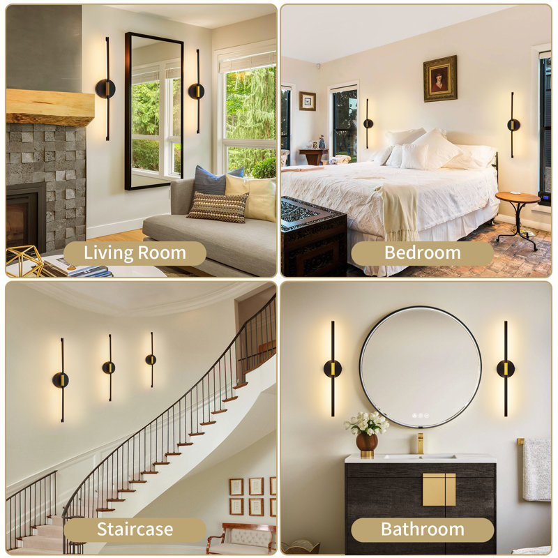32'' Battery Operated Wall Sconces with Remote Control, Dimmable Wall Sconces Set of Two, 350°Rotate, Matte Black/Gold