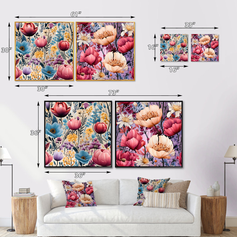 Cyprien - Ensemble de 2 collages carrés floraux, H 16 po x l 33 po, Cadre flottant brun