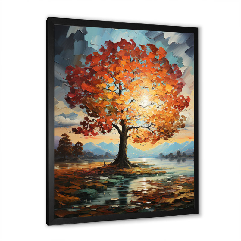 Orange, bleu sarcelle, érable majestueux, érable, art mural encadré, H 44 po x l 34 po x P 1,5 po, Cadre simple noir