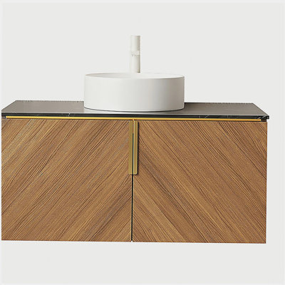 ARAI 36" Bathroom Vanity with Sink, Wall-Mounted Plywood Bathroom Storage Cabinet with Double Doors, Black Sintered Stone Countertop and White Round Ceramic Vessel Basin, Brown Oak Woodgrain Color