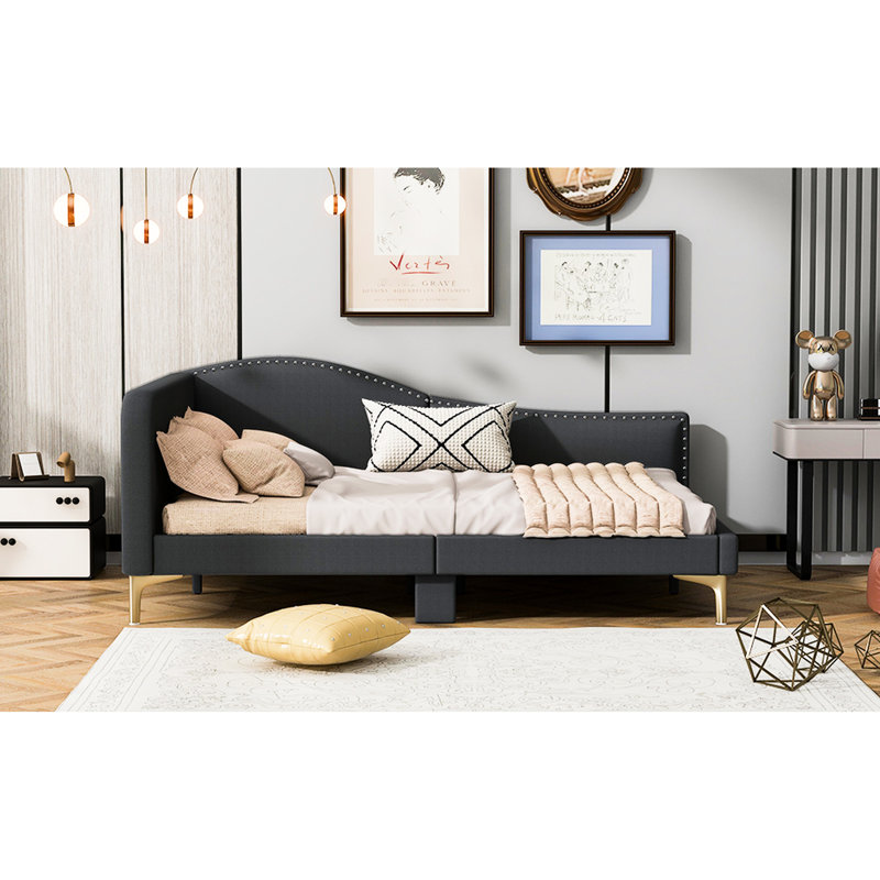 Lit de jour double gris avec tête de lit, accoudoirs et structure de pieds stable - aspect classique gris avec solution de confort à long terme
