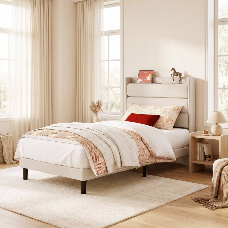 Lit simple tapissier avec prises de courant Klementyna , Beige