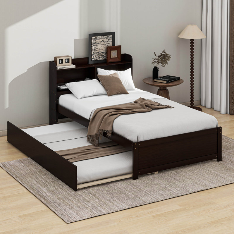 Twin Bed Frame With Storage Headboard, Trundle Bed, Espresso