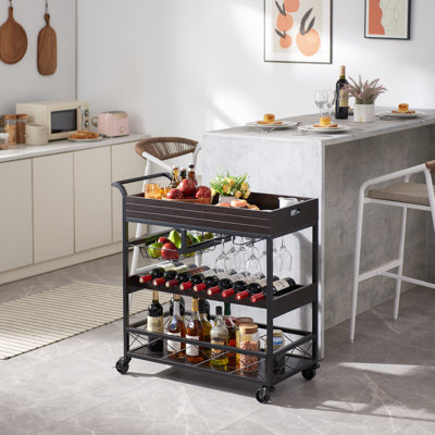 17 Stories Bar Cart For Home, 3 Tier Wine Cart With Wheels Bar Serving Carts On Lockable Wheels With Handle, Kithcen Island Cart With Wine Rack And Gl by 17 Stories