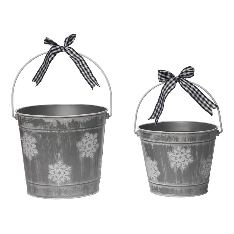  Metal 8.25 in. Grey Christmas Snowflake Buckets with Bow Set of 2