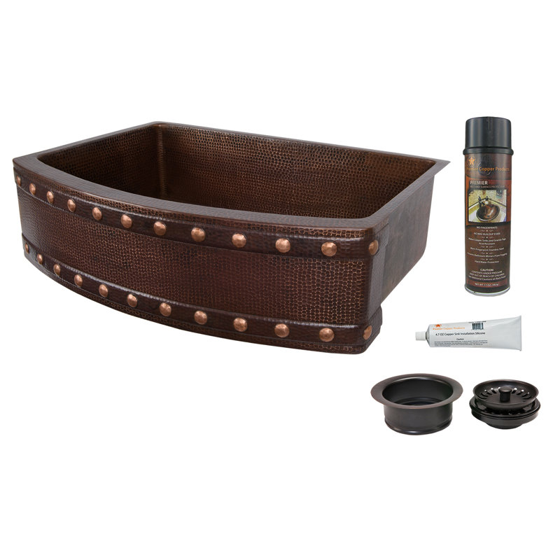 30" Hammered Copper Kitchen Rounded Apron Single Basin Sink with Barrel Strap Design with Matching Drains, and Accessories