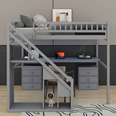Lit mezzanine double avec commode, bureau et bande lumineuse