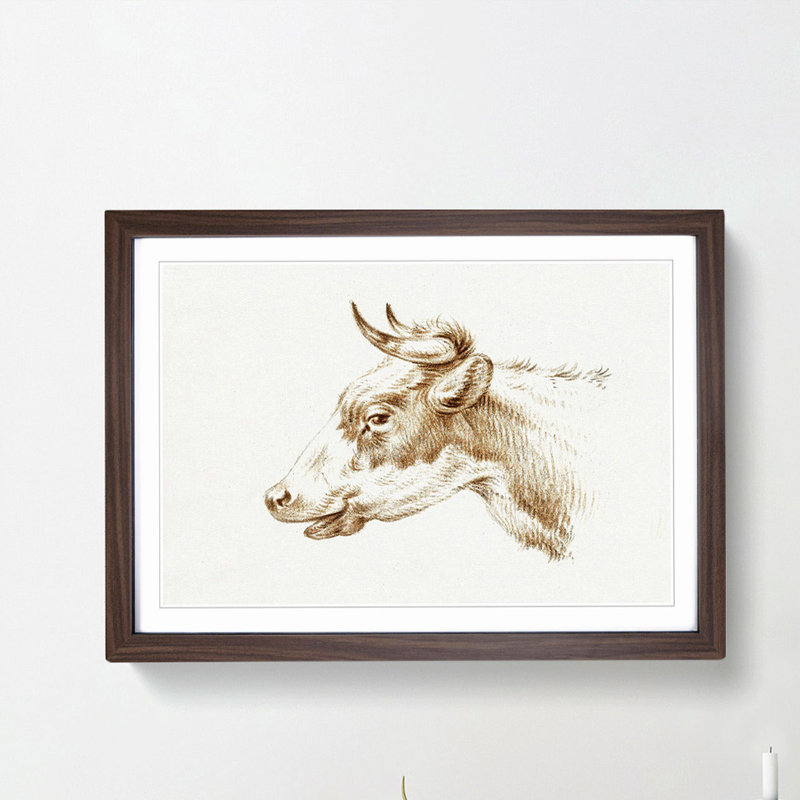 Illustration of a Cow by Jean Bernard - Picture Frame Painting Print, Walnut Framed, 27cm H x 36cm W x 2cm D