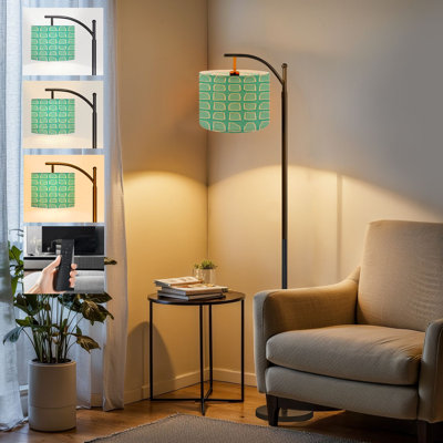  Arc Floor Lamp Abstract Hand Drawn White Square Teal Minimal Geometric Design Tall Modern Standing Lamp LED Adjustable Linen Lampshade 3 Color Temperatures