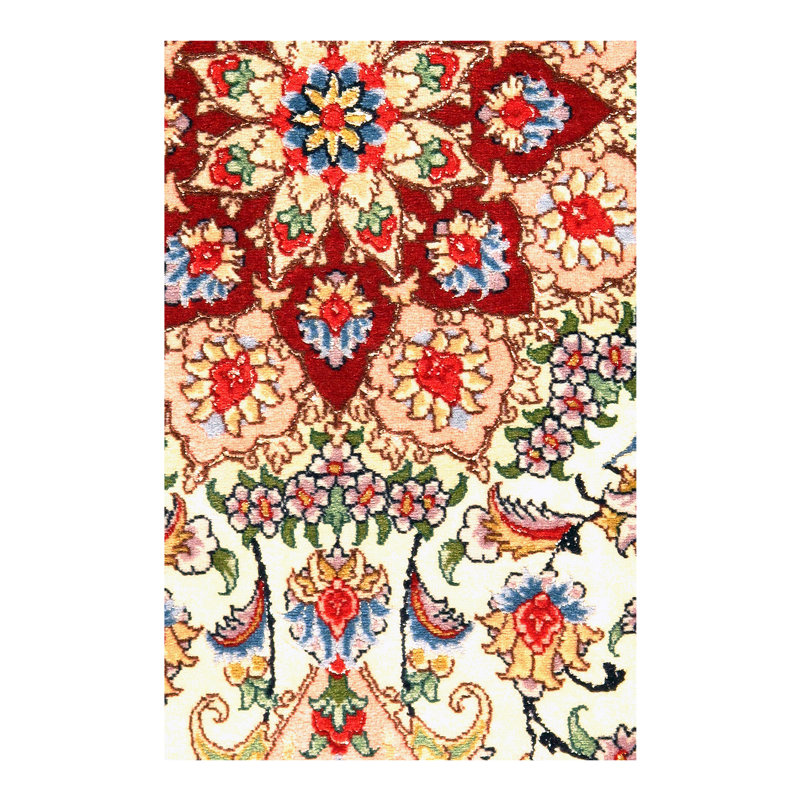Tapis unique noué à la main ivoire / rouge de 3 pi 4 po x 5 pi