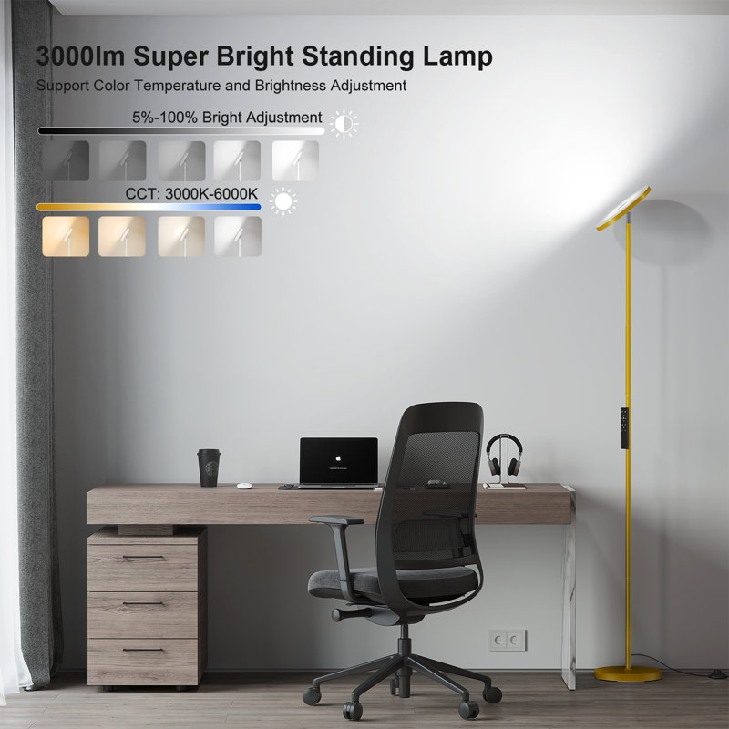 Lampe de coin torchère à DEL à intensité variable 69 po avec télécommande Johntay, Doré
