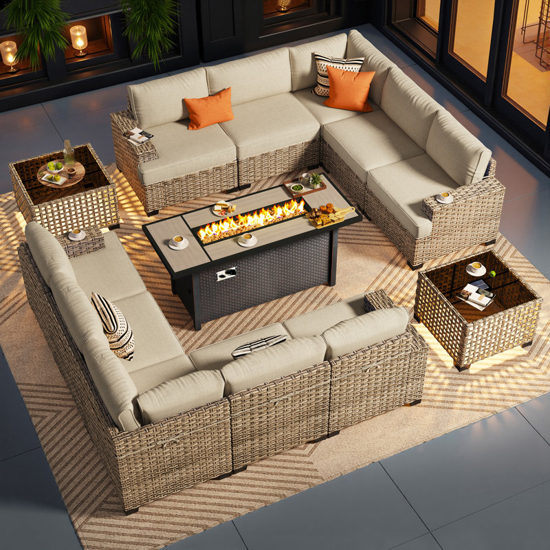 10-Person  Outdoor Sectional With Cushions,Led Coffee Table And Fire Pit,All-Weather Wicker Patio Set, Beige