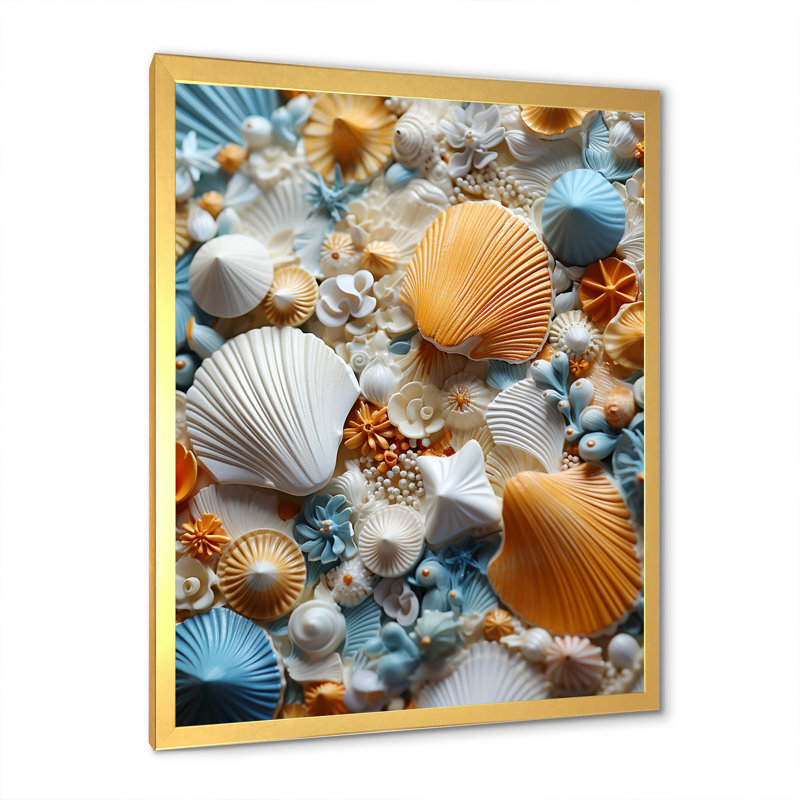 Jaune et bleu, coquillage symphonie I - art mural côtier tropical, Cadre doré simple, H 20 po x l 12 po x P 1 po