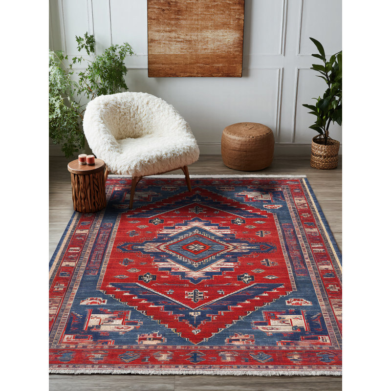 Tapis bleu marine en coton et polyester à imprimé numérique Martwon Collection, Tapis de couloir 3 pi 4 po x 10 pi 6 po