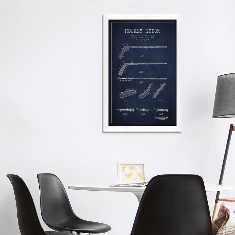 Hockey Stick Navy Blue Patent Blueprint by Aged Pixel - Floater Frame Print on Canvas, White Framed, 66.04 cm H x 45.72 cm W