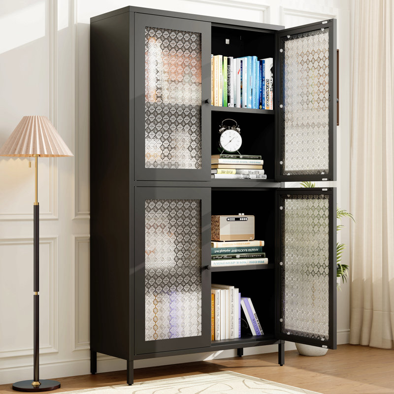 Classic Metal Storage Cabinet Display Cabinet With 4 Glass Doors 4 Shelves Cabinet Freestanding Bookcase Side Cabinet For Home Office Living Room Kitchen Hallway