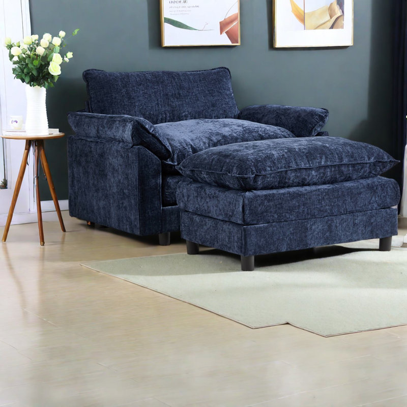 Chaises d'appoint modernes avec repose-pieds, chenille bleue, confort de salon spacieux