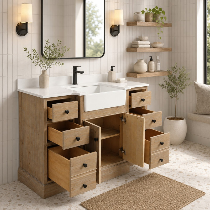 Claire 48'' Single Bathroom Vanity with Top, White Engineered Stone