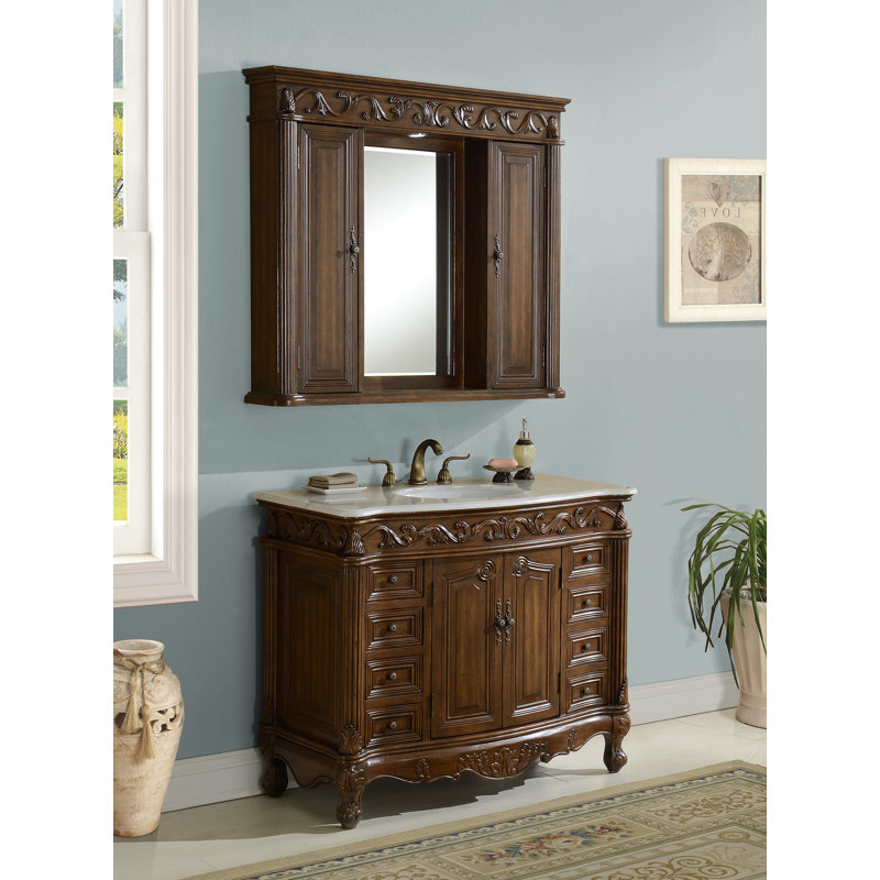 48'' Single Bathroom Vanity with Top, Teak, Cream Marble