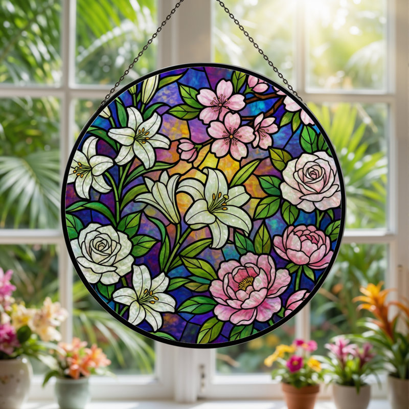 Vitrail à vitrail floral 12 "H 12", H 12 po x l 12 po