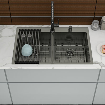Gunmetal Black Double Bowl Drop In Sink, 33" Product Depth, 22" Width, 16 Gauge, 10" Deep Basins, 50/50 Design For Various Kitchen Cleaning Demands, Hand - Crafted With Rear 3.5 Drain, X Grooves