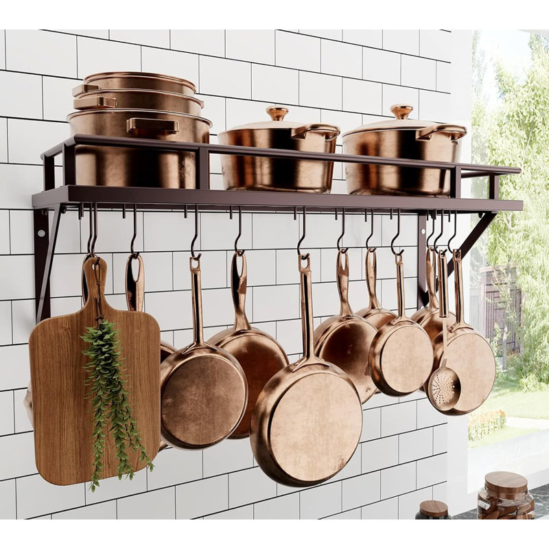 30-Inch Oiled Bronze Wall-Mounted Pot Rack with 12 Hooks - Farmhouse Style, Oiled Bronze