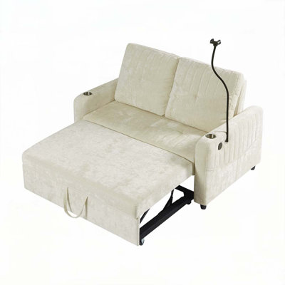 Chenille Loveseat Pull-out Sofa Bed with Adjustable Backrest, Two Cup Holders , a Phone Holder