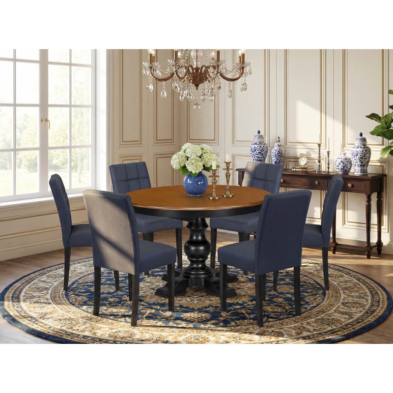 Ensemble de table de salle à manger 7 pièces comprenant une table et 6 chaises en tissu de polyester bleu marine foncé avec dossier élégant - noir