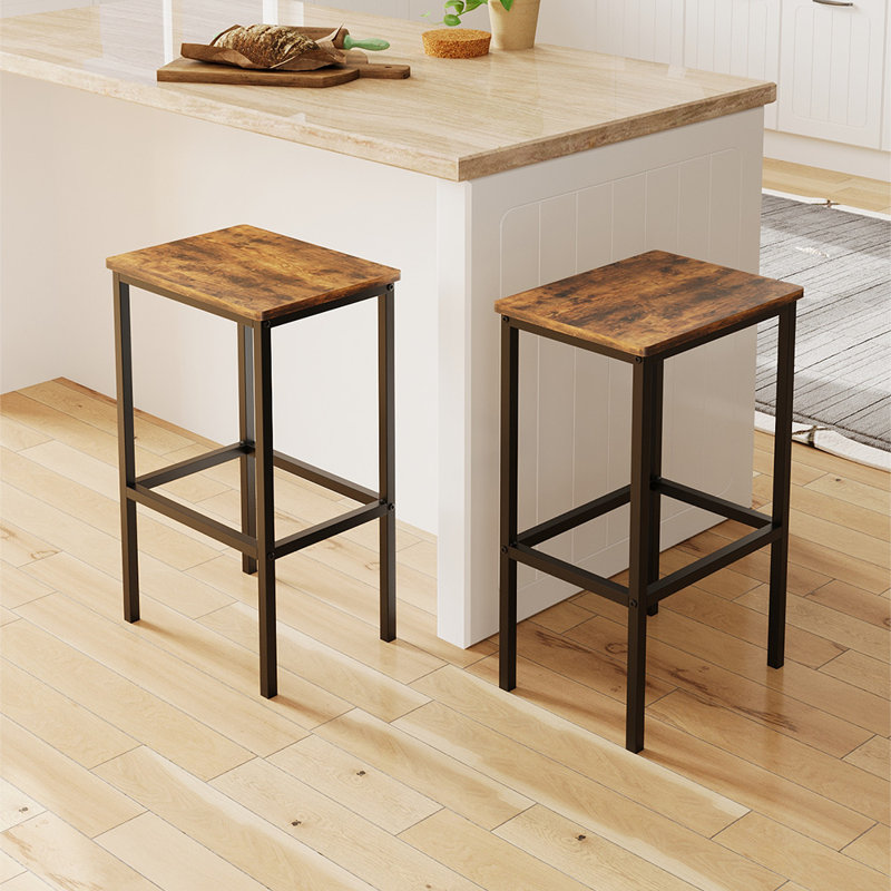 Set of 2 Square Wooden Top Bar Stools with Footrest