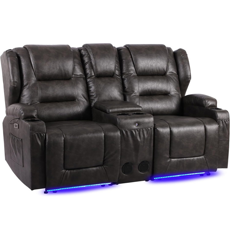 66.9" Wide Power Recliner Loveseat Sofa with Console, Bluetooth Speaker and LED Lights, Black Gray