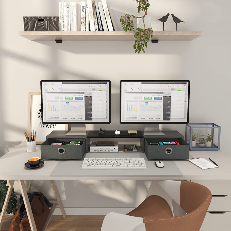 Extra Large Storage Monitor Stand for 2 Monitors, Grey/Black