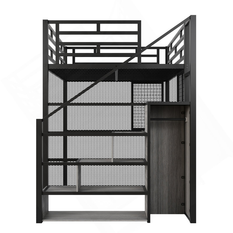 Lit mezzanine double en métal avec garde-robe, bureau, tablettes de rangement, noir