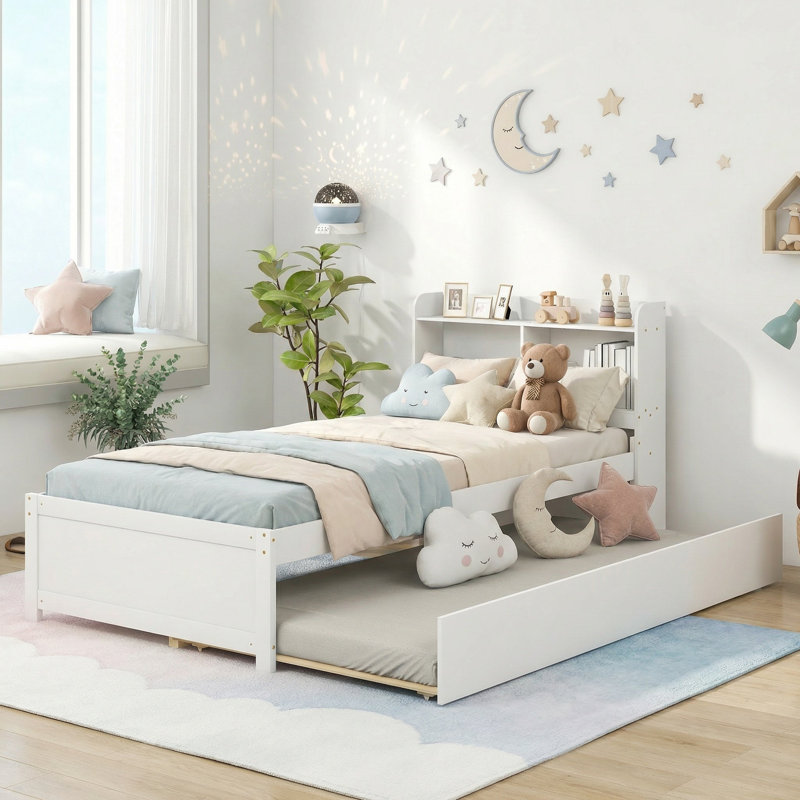 Sailvan Twin Bed with Trundle,Bookcase, White