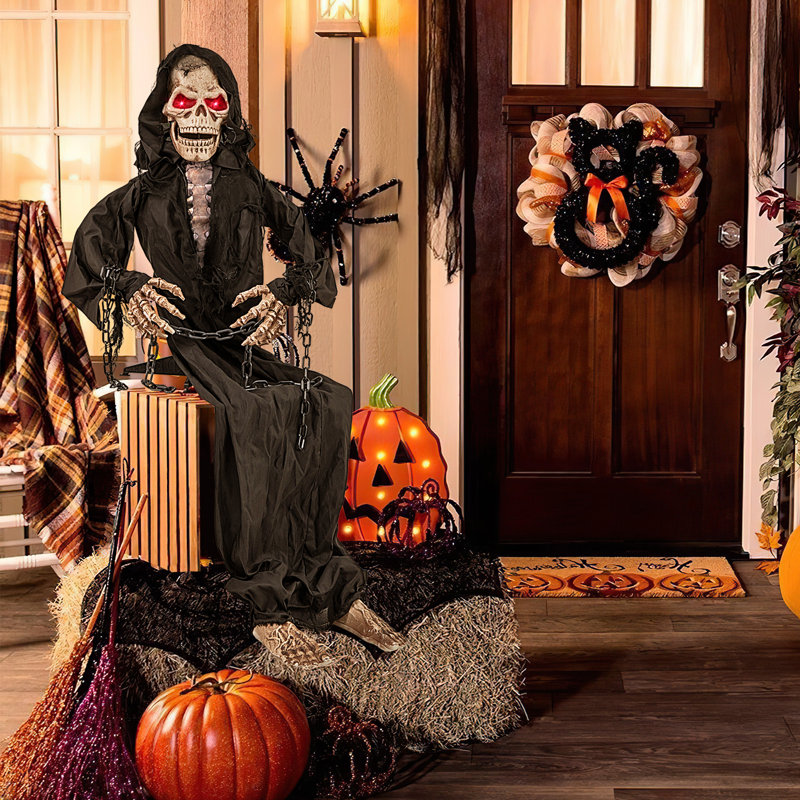 Figurine animée d'Halloween animatronique squelette animée assise d'Halloween avec yeux illuminés