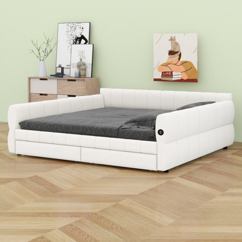 Contemporary Upholstered Platform Bed with USB Ports and 2 Drawers for Space-Saving Storage, White