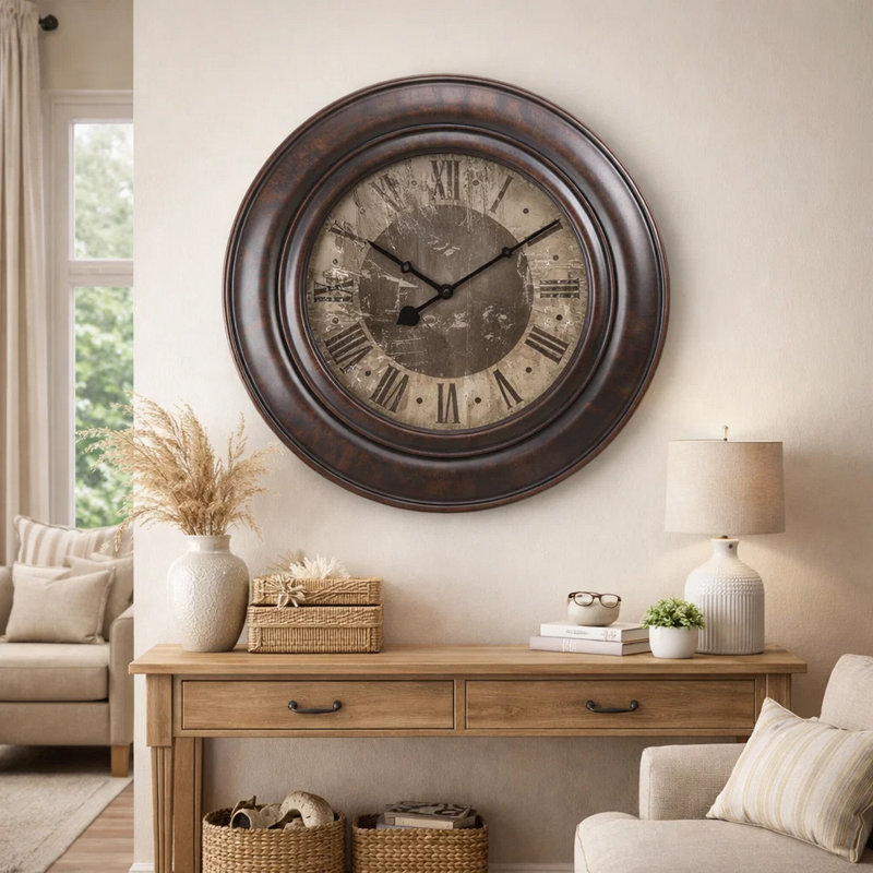 Clocks, 30" Round, Large Oversized, Wall Clock, Transitional, Brown