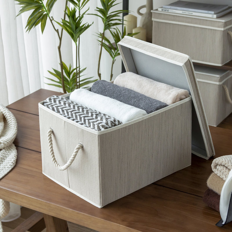 3 Piece Fabric Box Set with Lids and Handles, 10.4" H x 12.8" W x 17.1" D, Grey