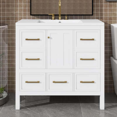 36 Inch Sinkless Bathroom Vanity, Stand-Alone Style Featuring 5 Drawers And Gentle-Close Doors