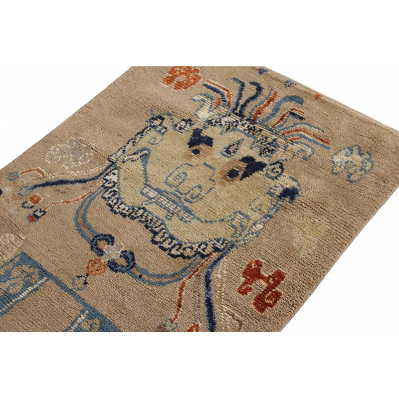 Rug & Kilim’S Chinese Tiger Runner In Beige And Blue Pictorial Patterns, Runner 2'6" x 14'