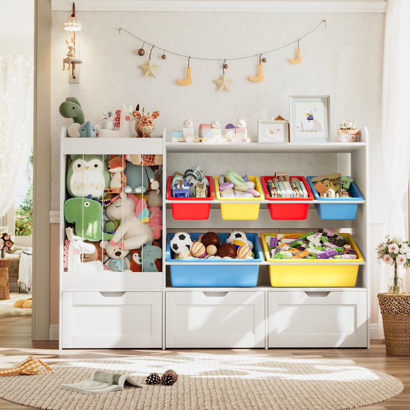 41.3"H Toys Storage Organizer, Large Stuffed Animal Storage With 6 Plastic Bins, Kids Bookcases With 3 Movable Drawers For Kids Room, Playrooms, Bedrooms, Nursery(White/Yellow/Red/Blue)