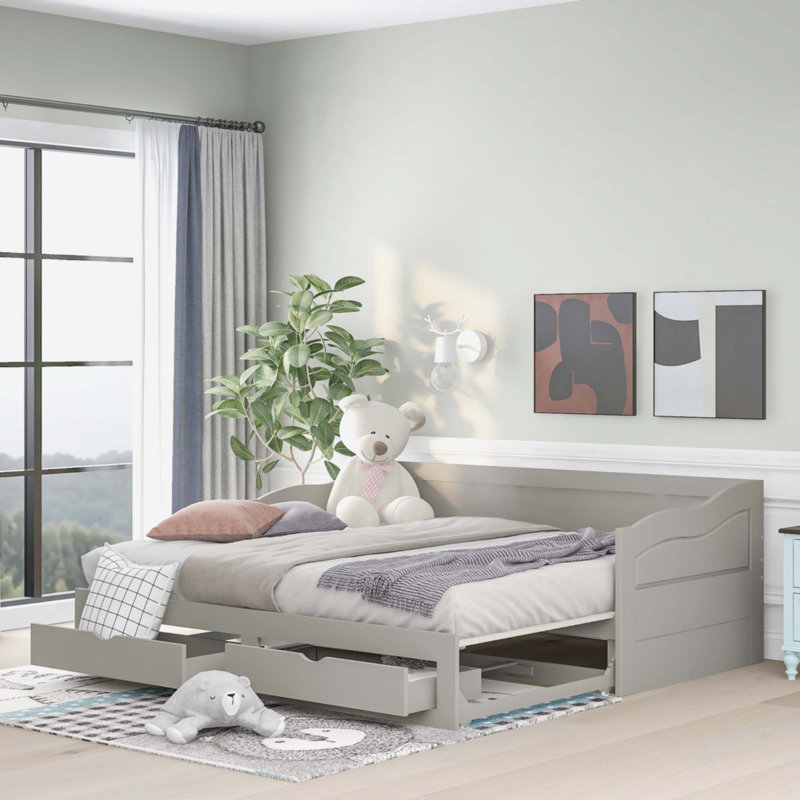 Wooden Daybed With Trundle Bed And Two Storage Drawers, Gray